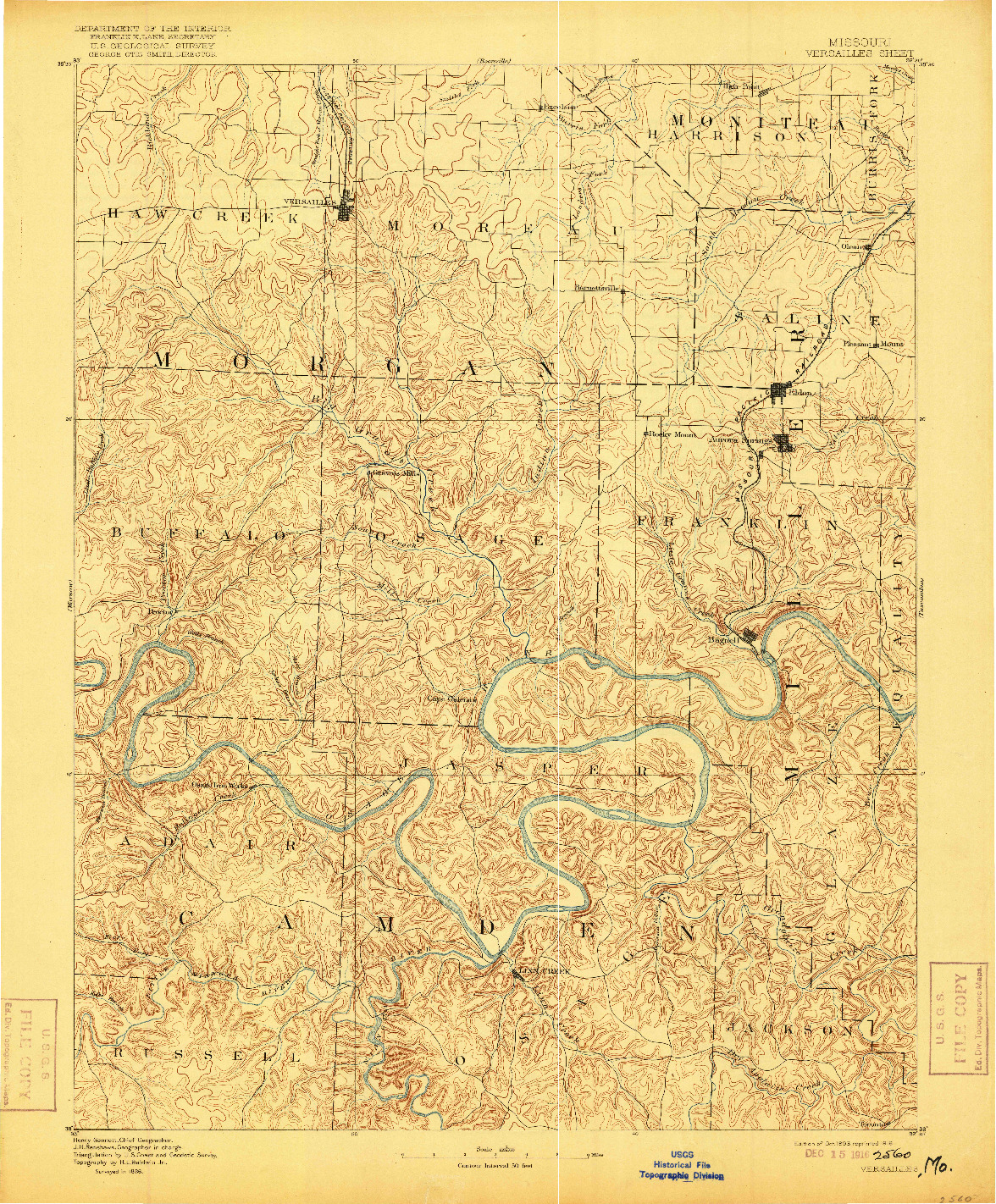 USGS 1:125000-SCALE QUADRANGLE FOR VERSAILLES, MO 1893