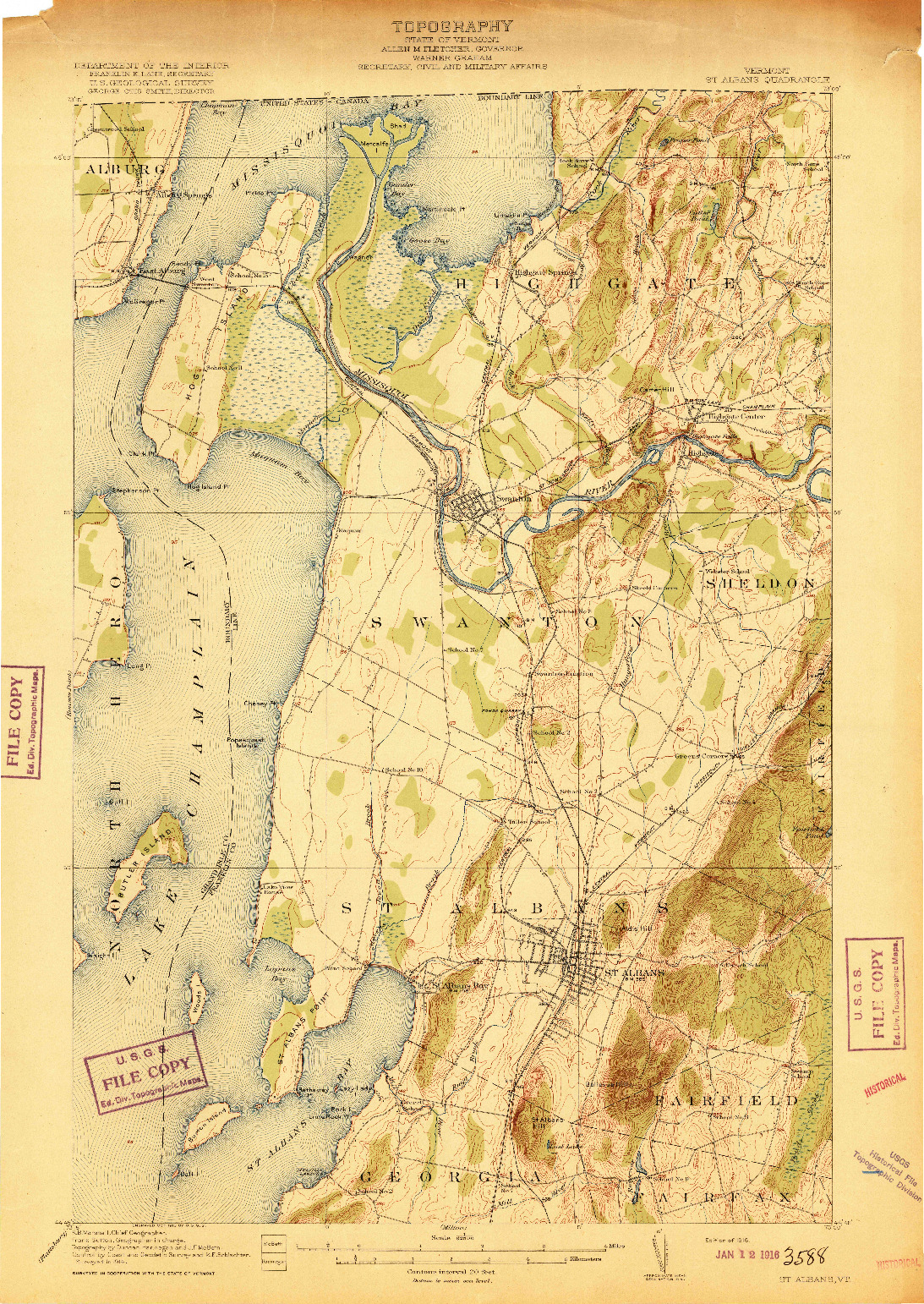 USGS 1:62500-SCALE QUADRANGLE FOR ST. ALBANS, VT 1916