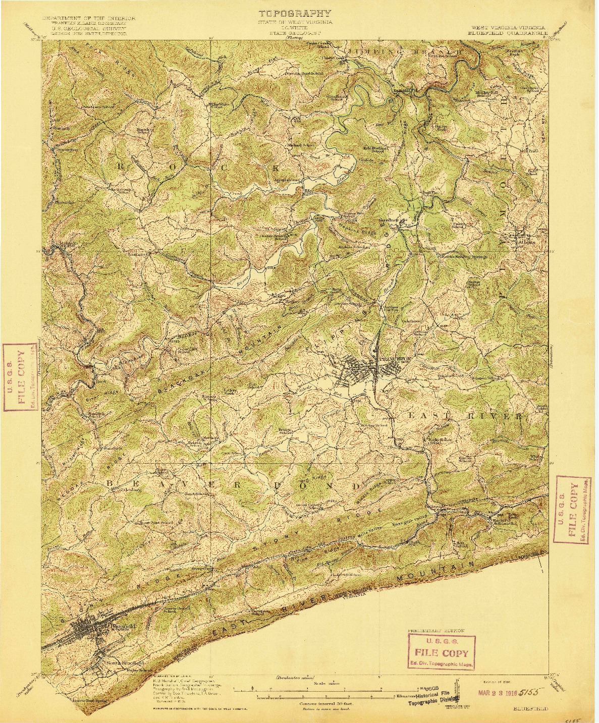 USGS 1:62500-SCALE QUADRANGLE FOR BLUEFIELD, WV 1916