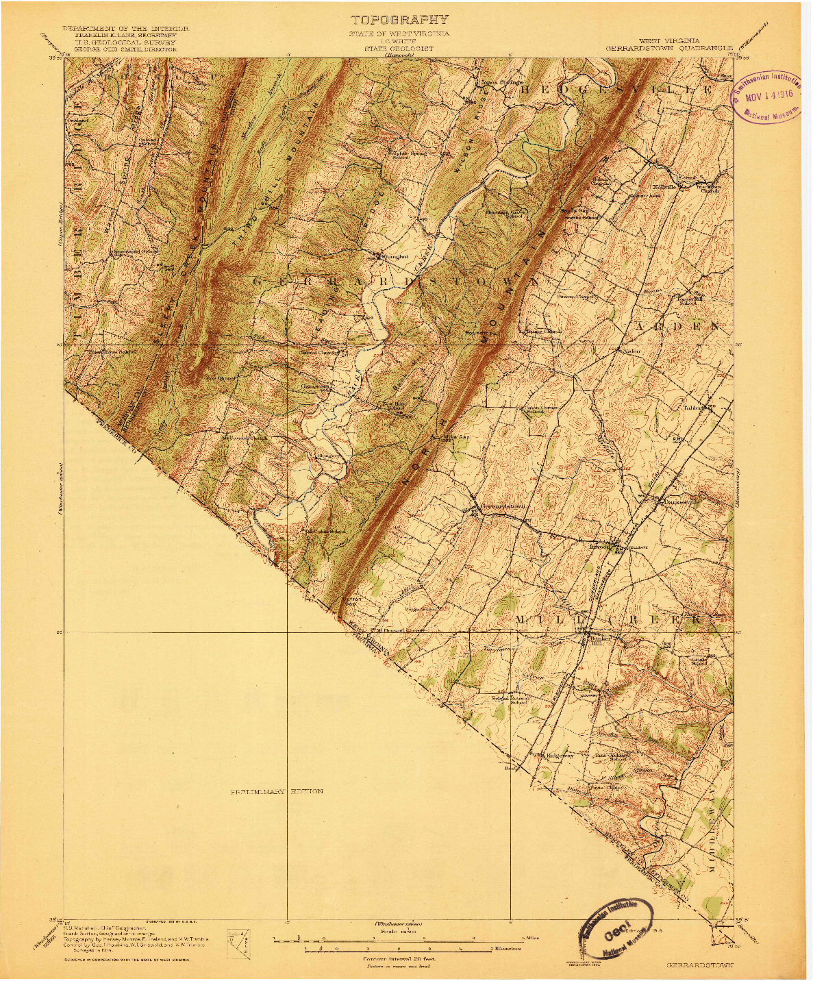 USGS 1:62500-SCALE QUADRANGLE FOR GERRARDSTOWN, WV 1916