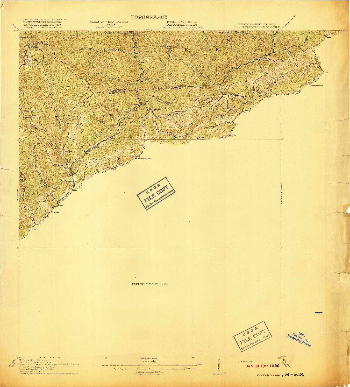 USGS 1:62500-SCALE QUADRANGLE FOR POUNDING MILL, VA 1916