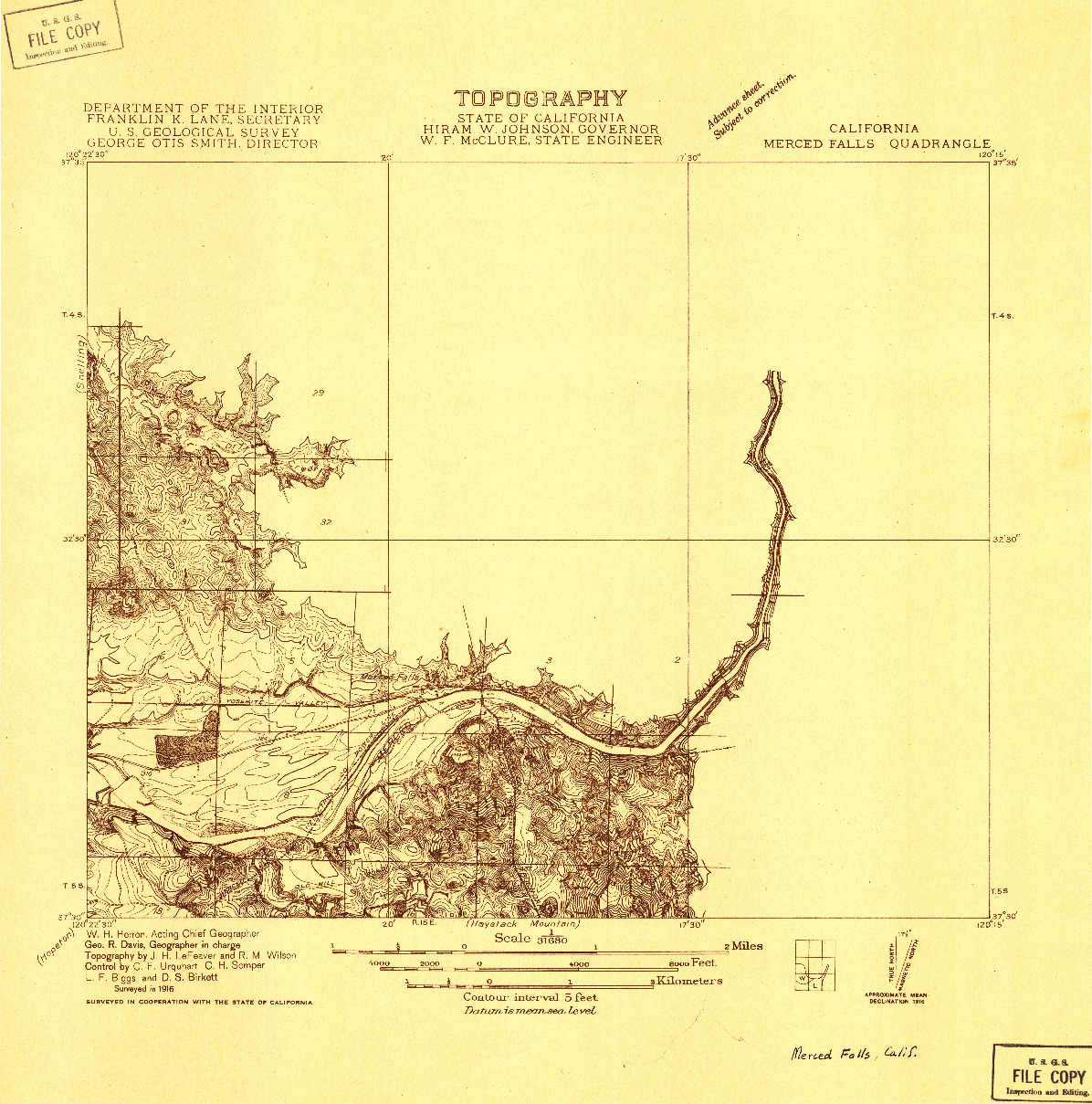 USGS 1:31680-SCALE QUADRANGLE FOR MERCED FALLS, CA 1916