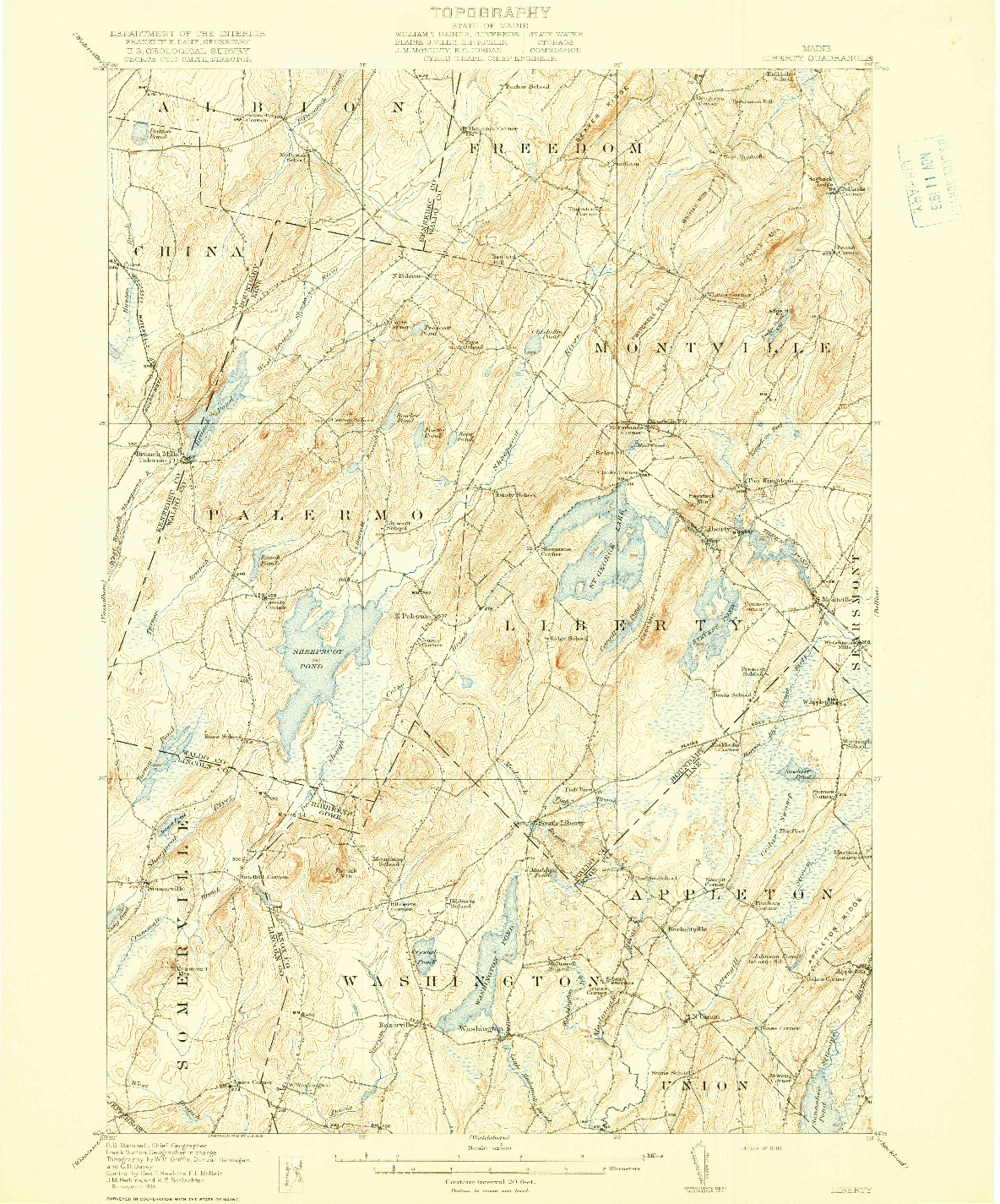 USGS 1:62500-SCALE QUADRANGLE FOR LIBERTY, ME 1916