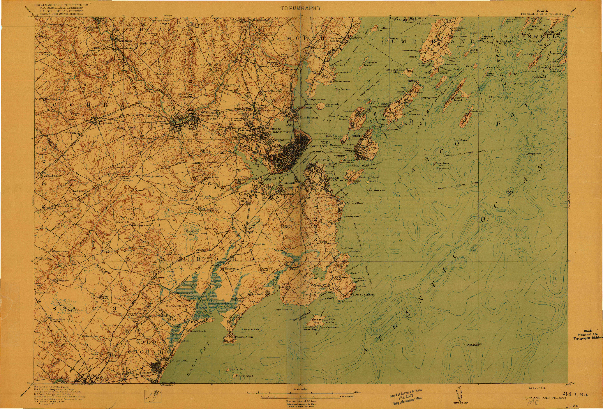 USGS 1:62500-SCALE QUADRANGLE FOR PORTLAND AND VICINITY, ME 1916