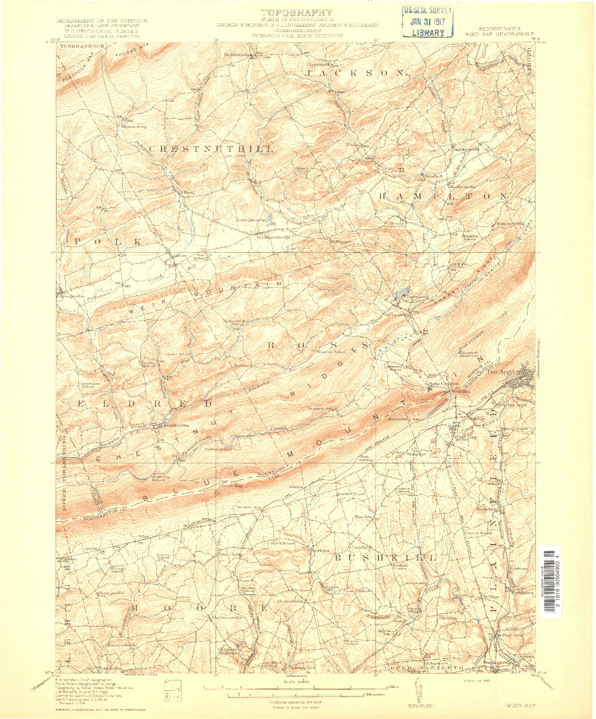 USGS 1:62500-SCALE QUADRANGLE FOR WIND GAP, PA 1916