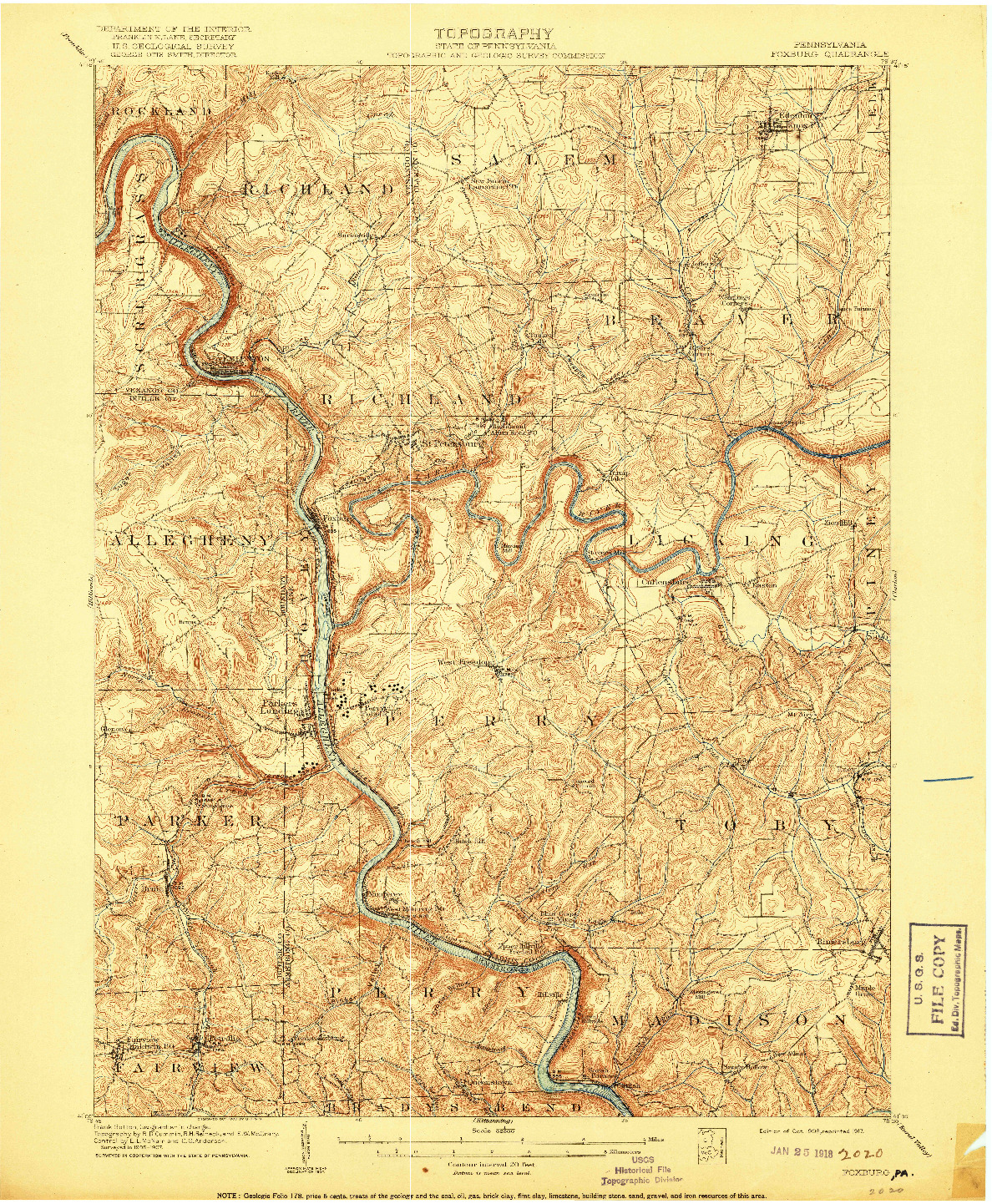 USGS 1:62500-SCALE QUADRANGLE FOR FOXBURG, PA 1908