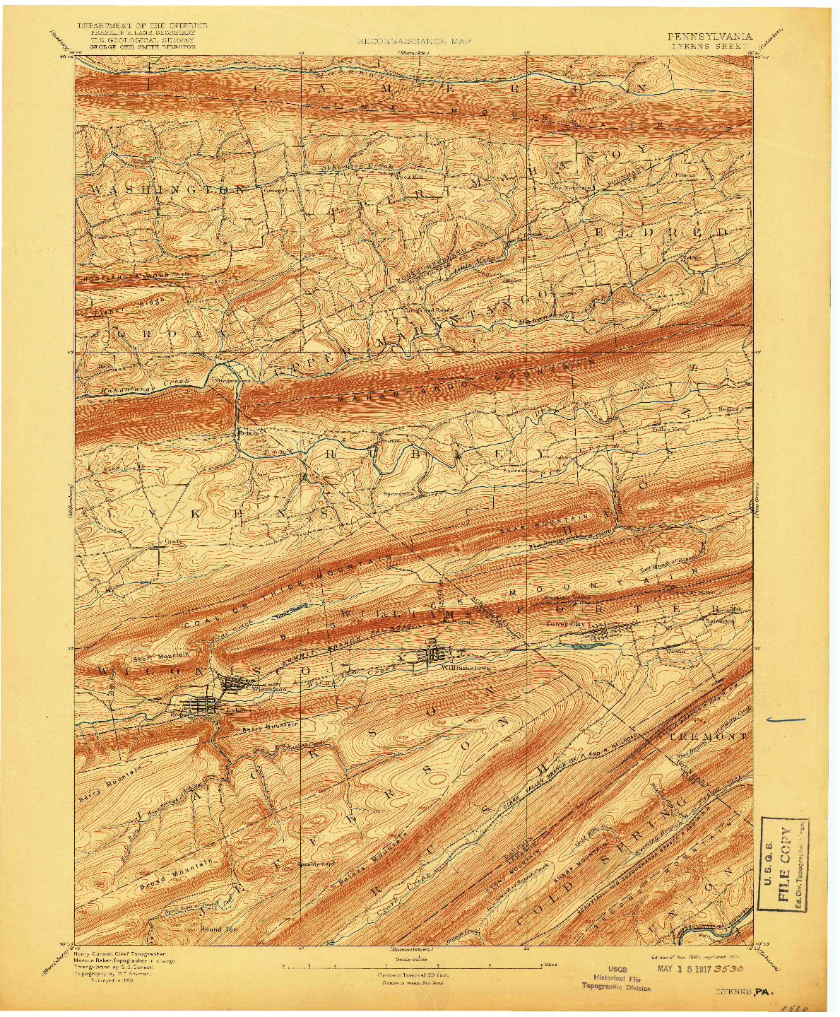 USGS 1:62500-SCALE QUADRANGLE FOR LYKENS, PA 1893