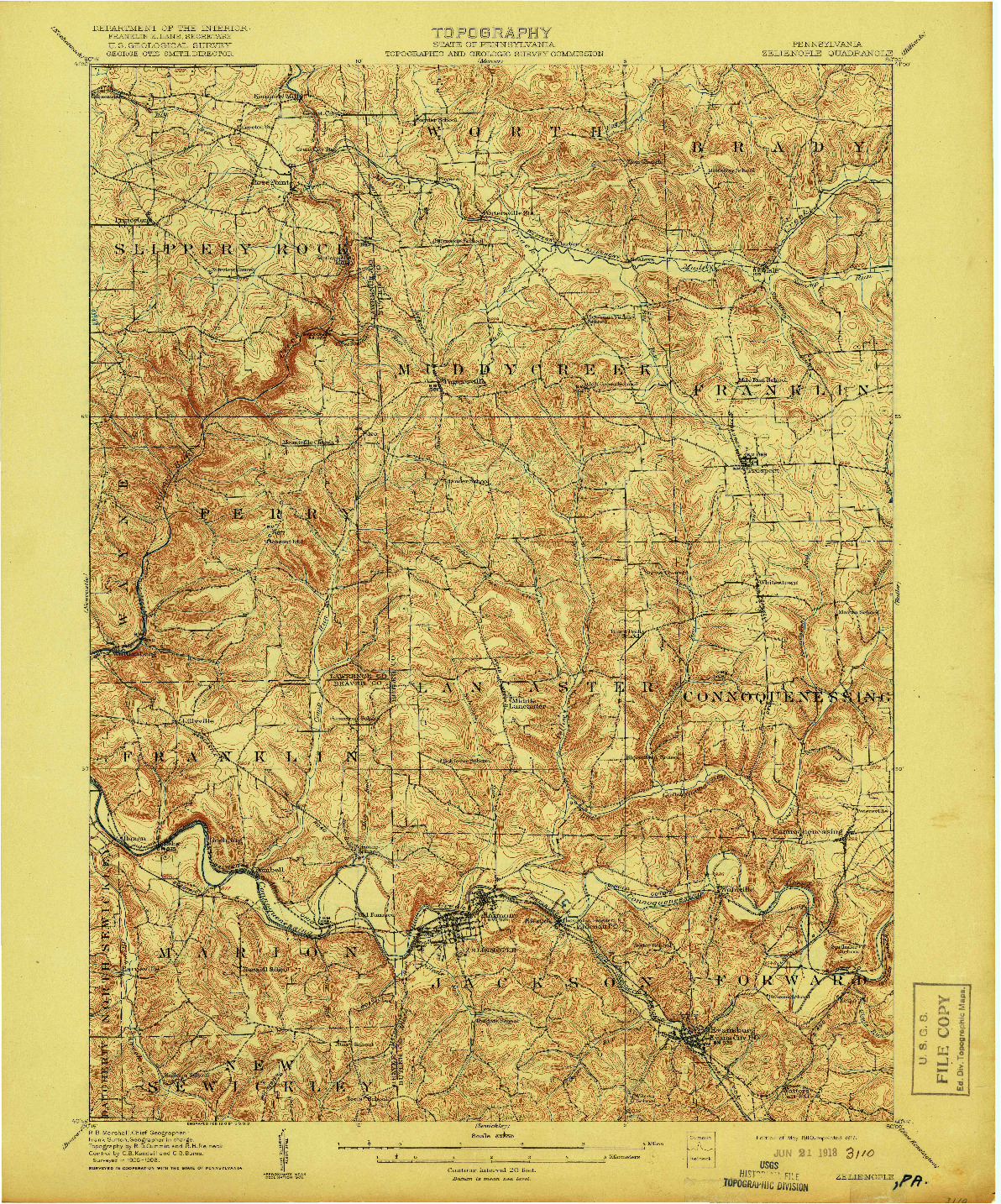 USGS 1:62500-SCALE QUADRANGLE FOR ZELIENOPLE, PA 1910