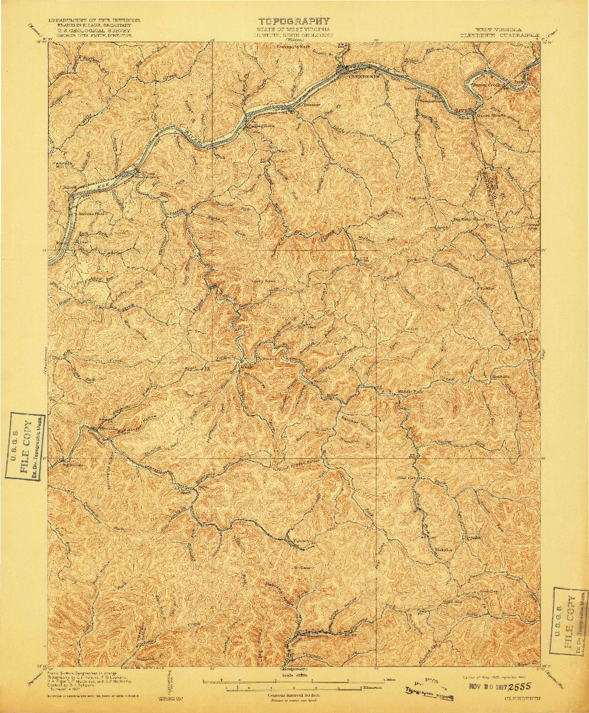 USGS 1:62500-SCALE QUADRANGLE FOR CLENDENIN, WV 1909