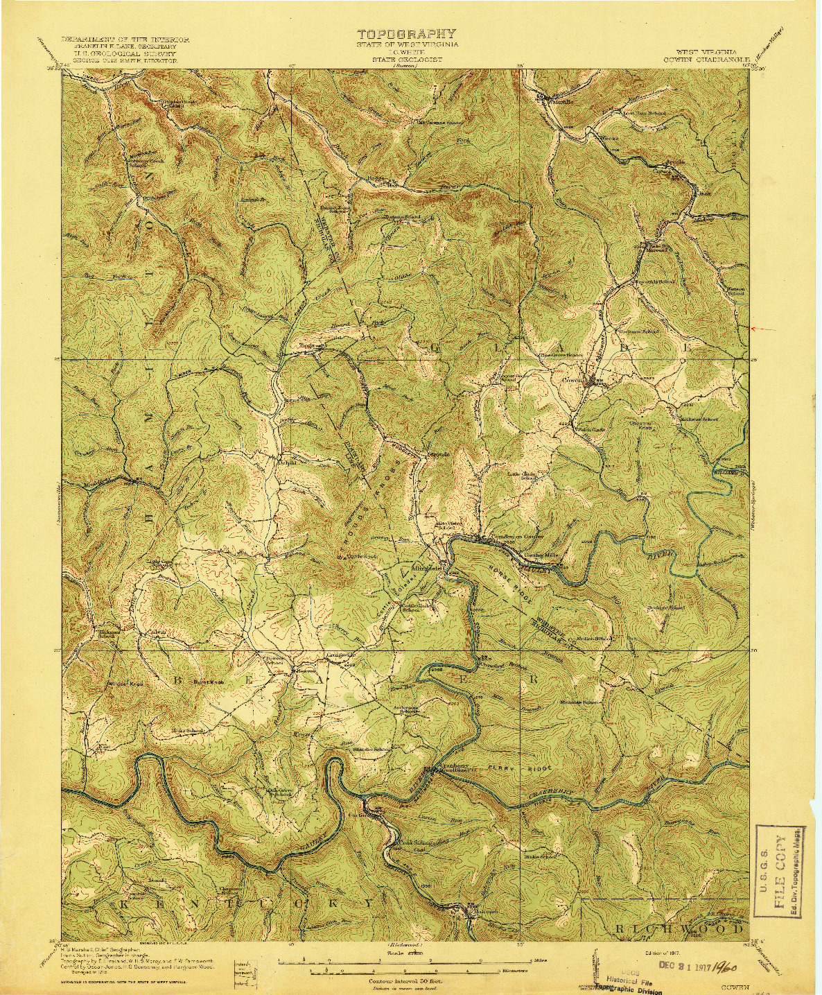 USGS 1:62500-SCALE QUADRANGLE FOR COWEN, WV 1917