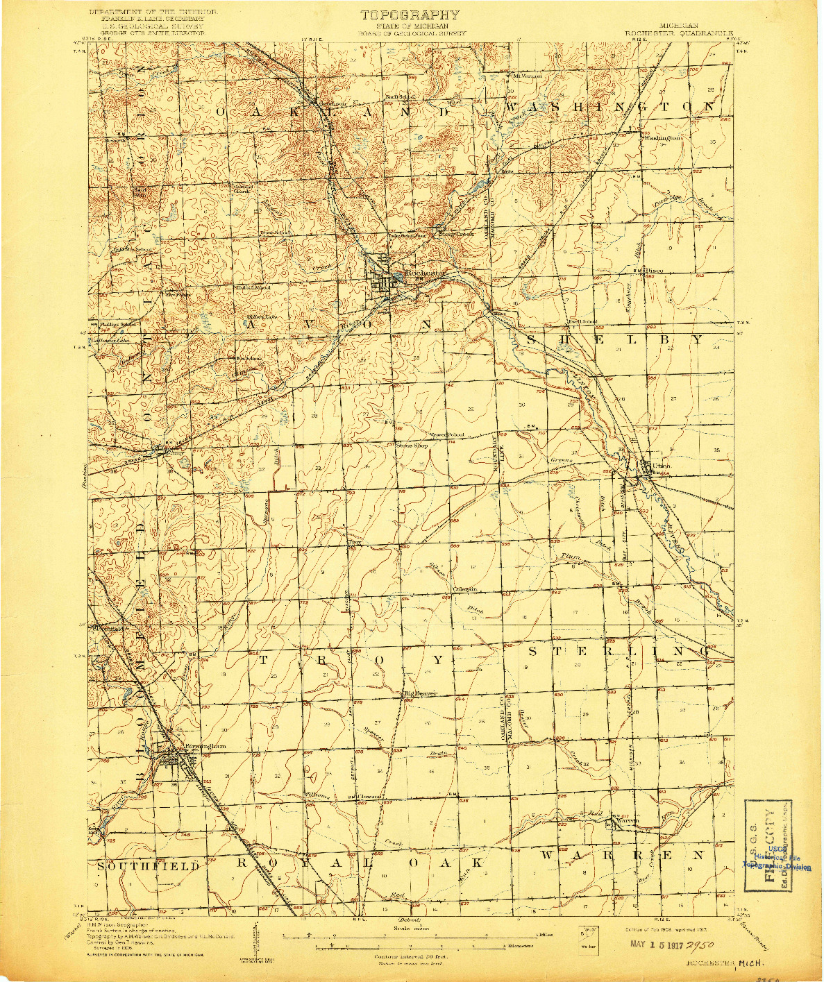 USGS 1:62500-SCALE QUADRANGLE FOR ROCHESTER, MI 1908