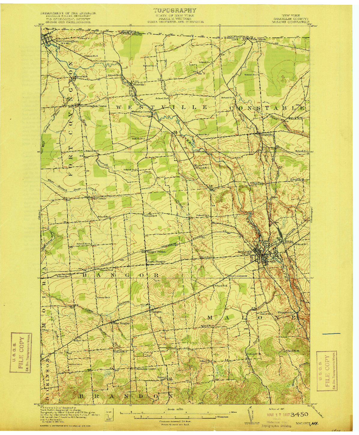 USGS 1:62500-SCALE QUADRANGLE FOR MALONE, NY 1917