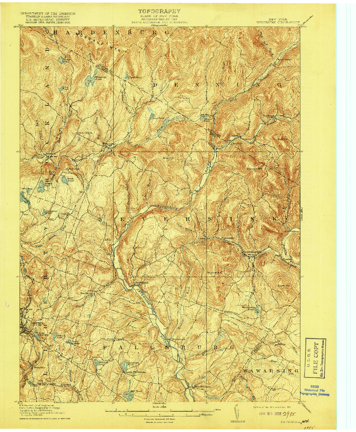 USGS 1:62500-SCALE QUADRANGLE FOR NEVERSINK, NY 1910