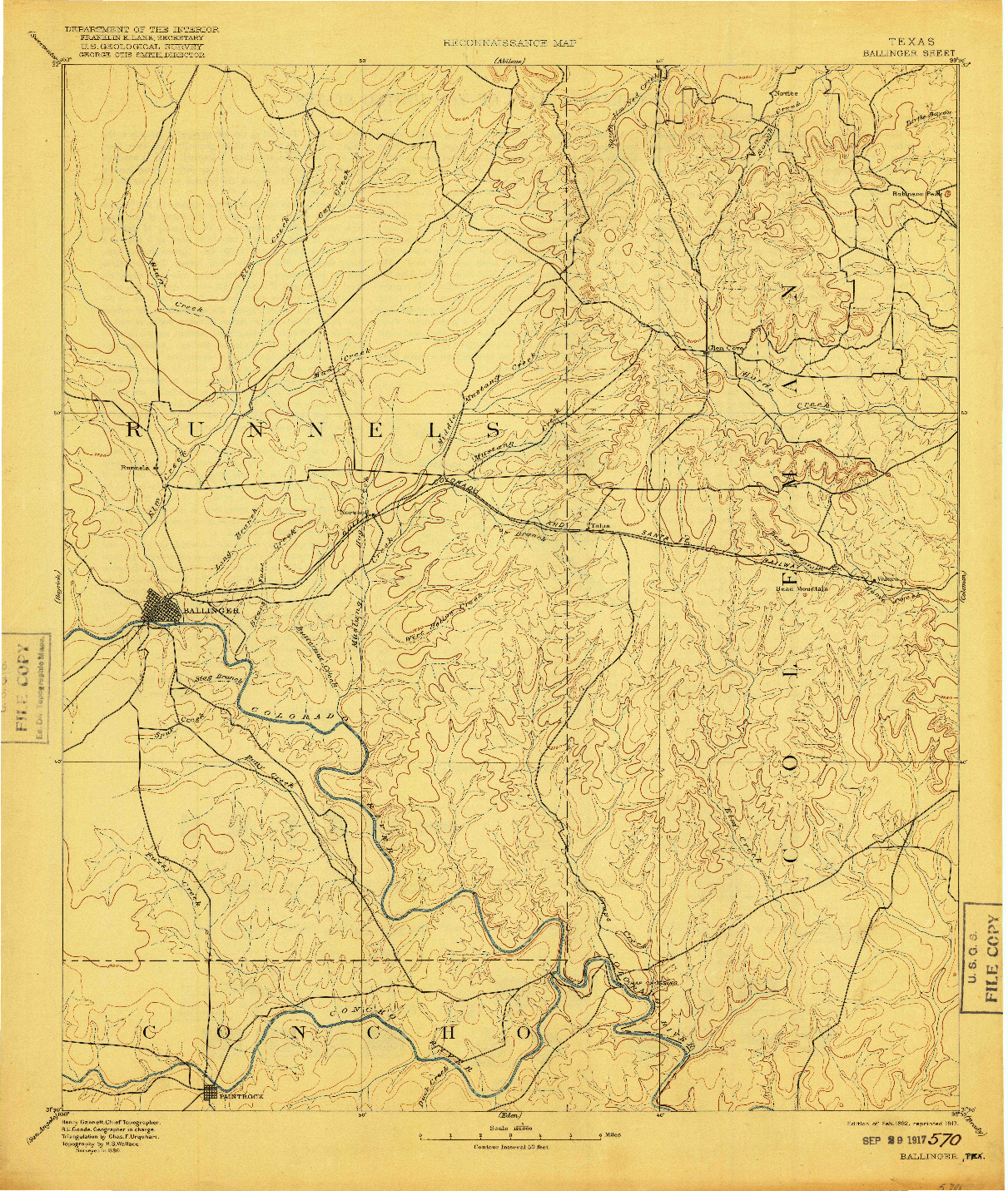 USGS 1:125000-SCALE QUADRANGLE FOR BALLINGER, TX 1892