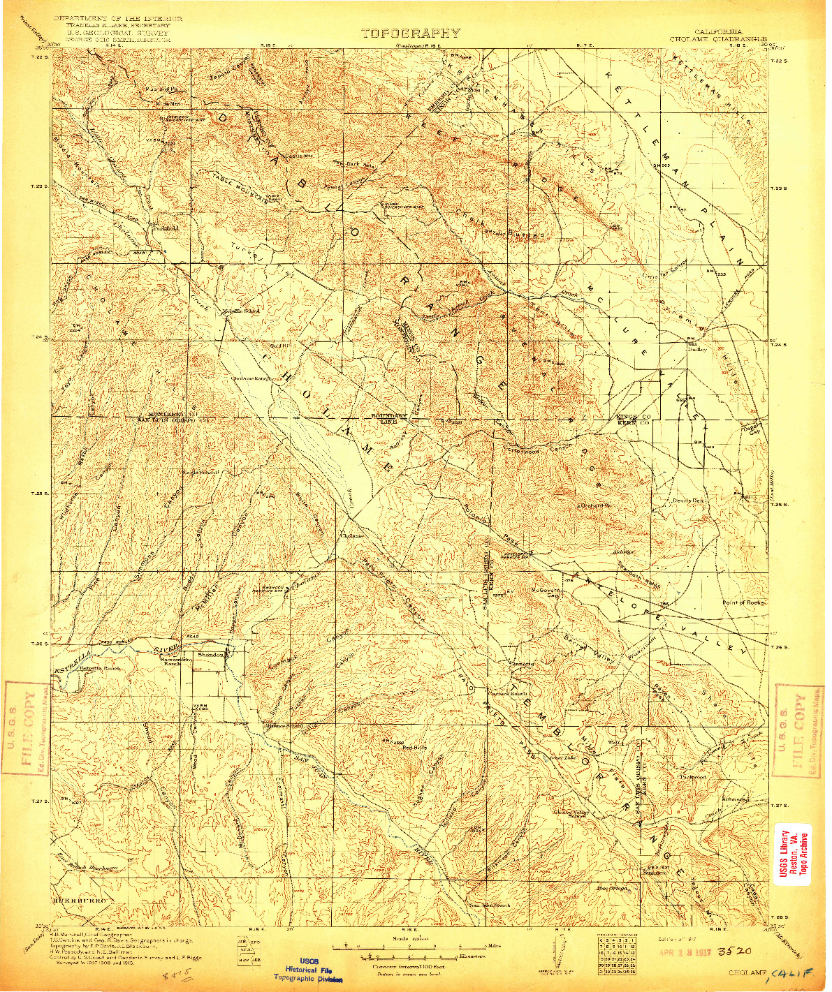 USGS 1:125000-SCALE QUADRANGLE FOR CHOLAME, CA 1917