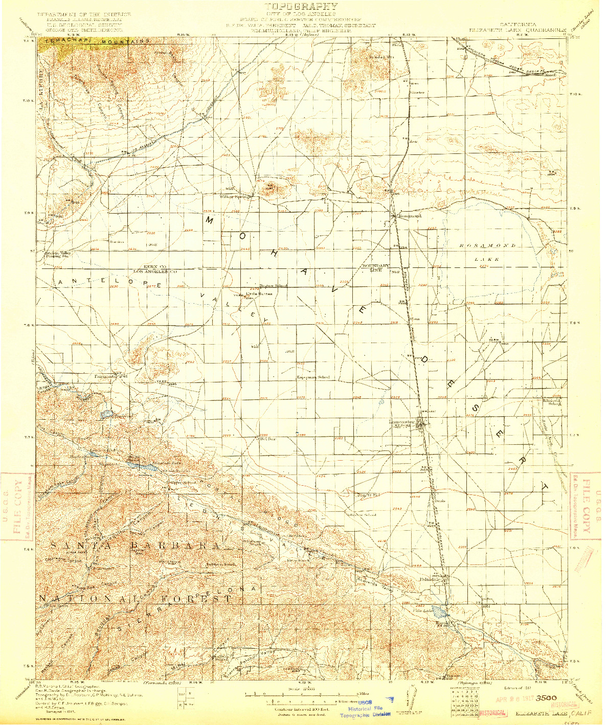 USGS 1:125000-SCALE QUADRANGLE FOR ELIZABETH LAKE, CA 1917