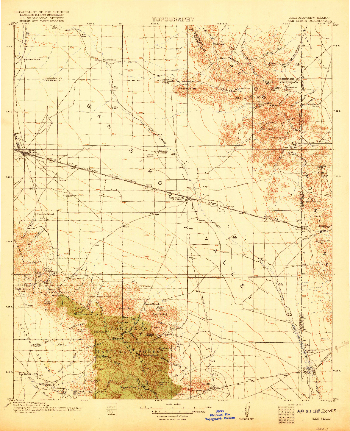 USGS 1:125000-SCALE QUADRANGLE FOR SAN SIMON, AZ 1917