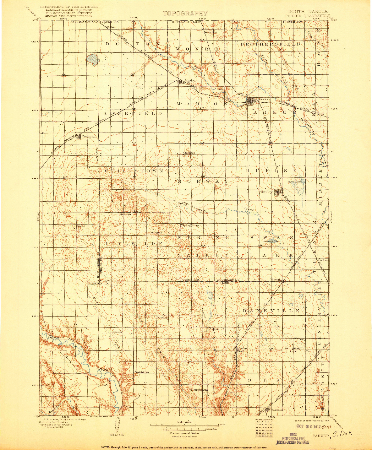 USGS 1:125000-SCALE QUADRANGLE FOR PARKER, SD 1898