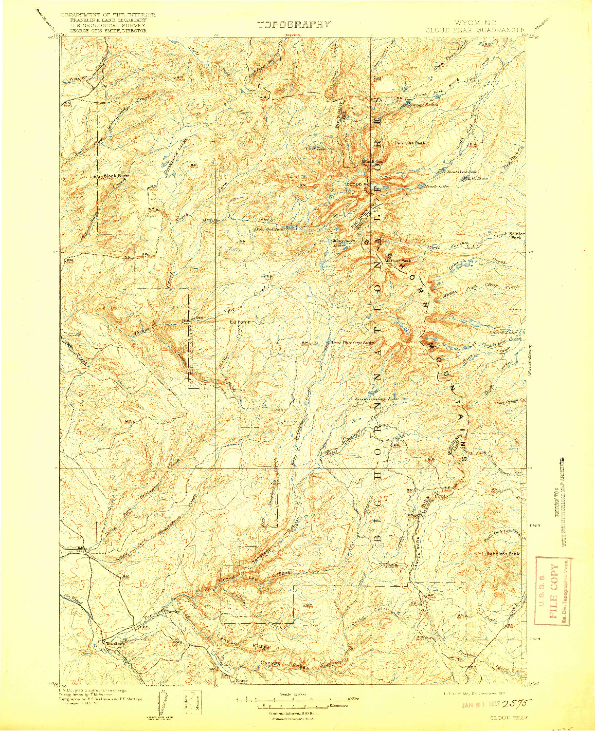 USGS 1:125000-SCALE QUADRANGLE FOR CLOUD PEAK, WY 1901