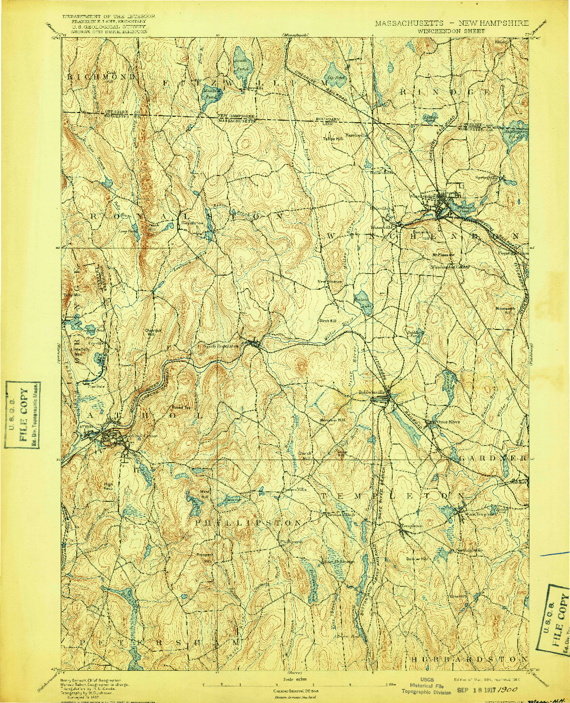 USGS 1:62500-SCALE QUADRANGLE FOR WINCHENDON, MA 1894