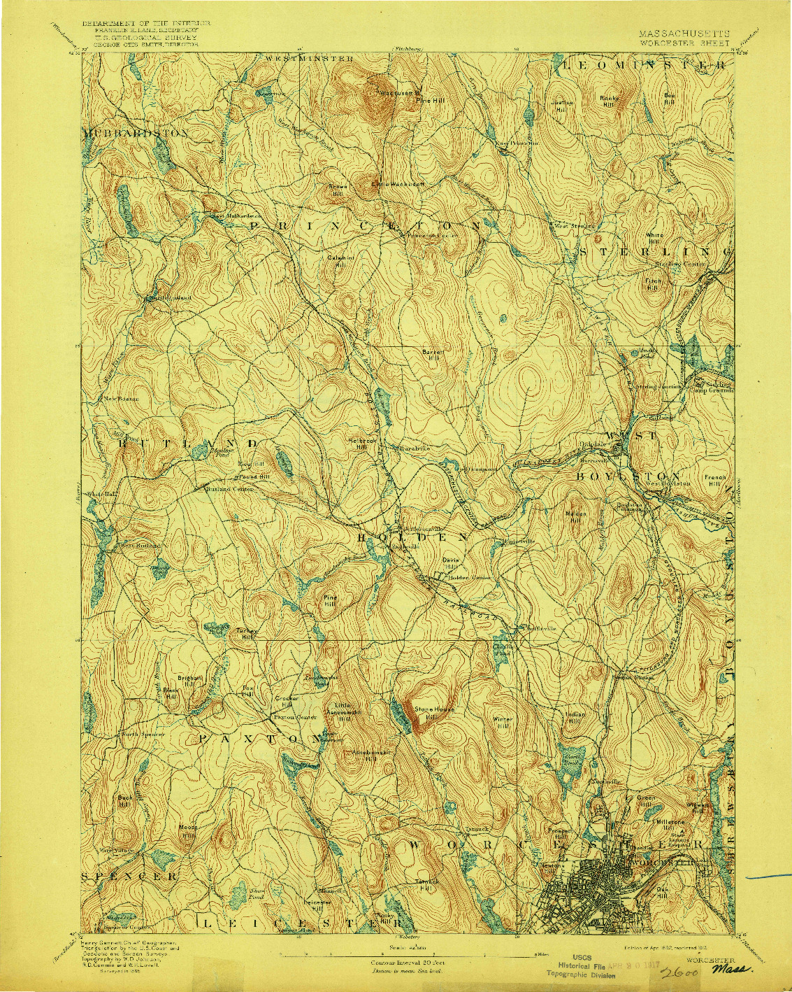 USGS 1:62500-SCALE QUADRANGLE FOR WORCESTER, MA 1892