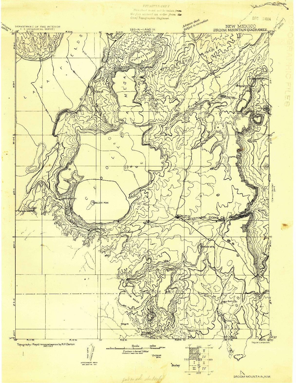 USGS 1:125000-SCALE QUADRANGLE FOR BROOM MOUNTAIN, NM 1917