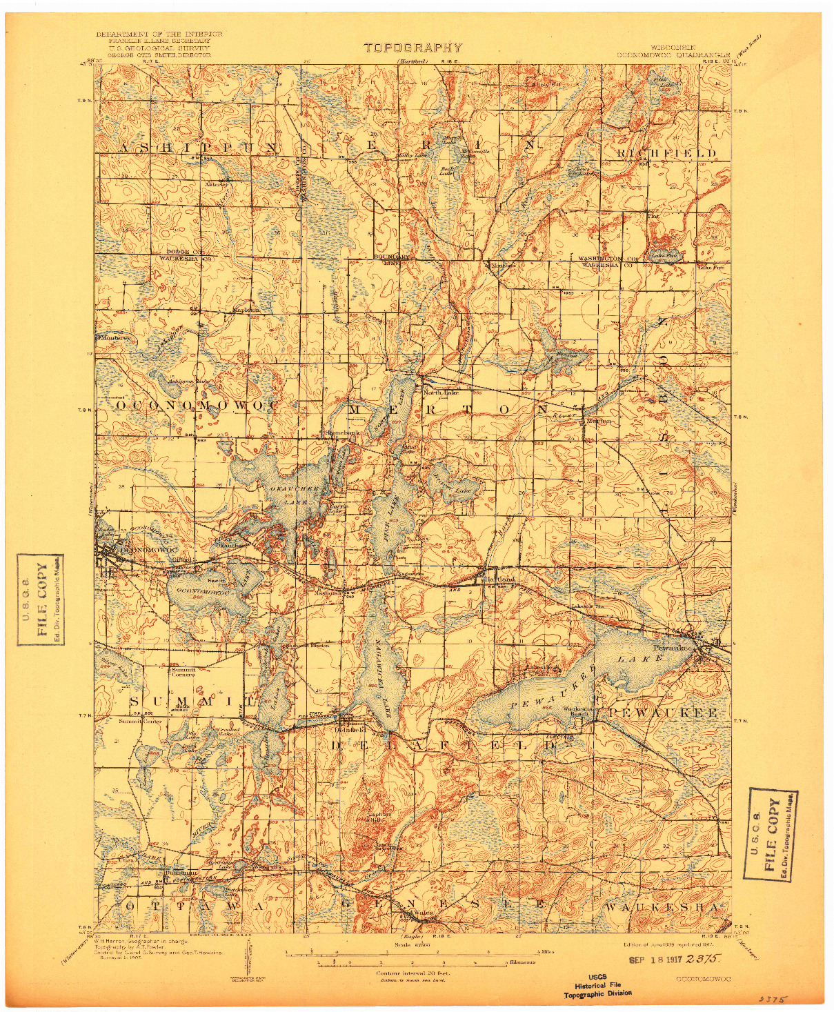 USGS 1:62500-SCALE QUADRANGLE FOR OCONOMOWOC, WI 1909