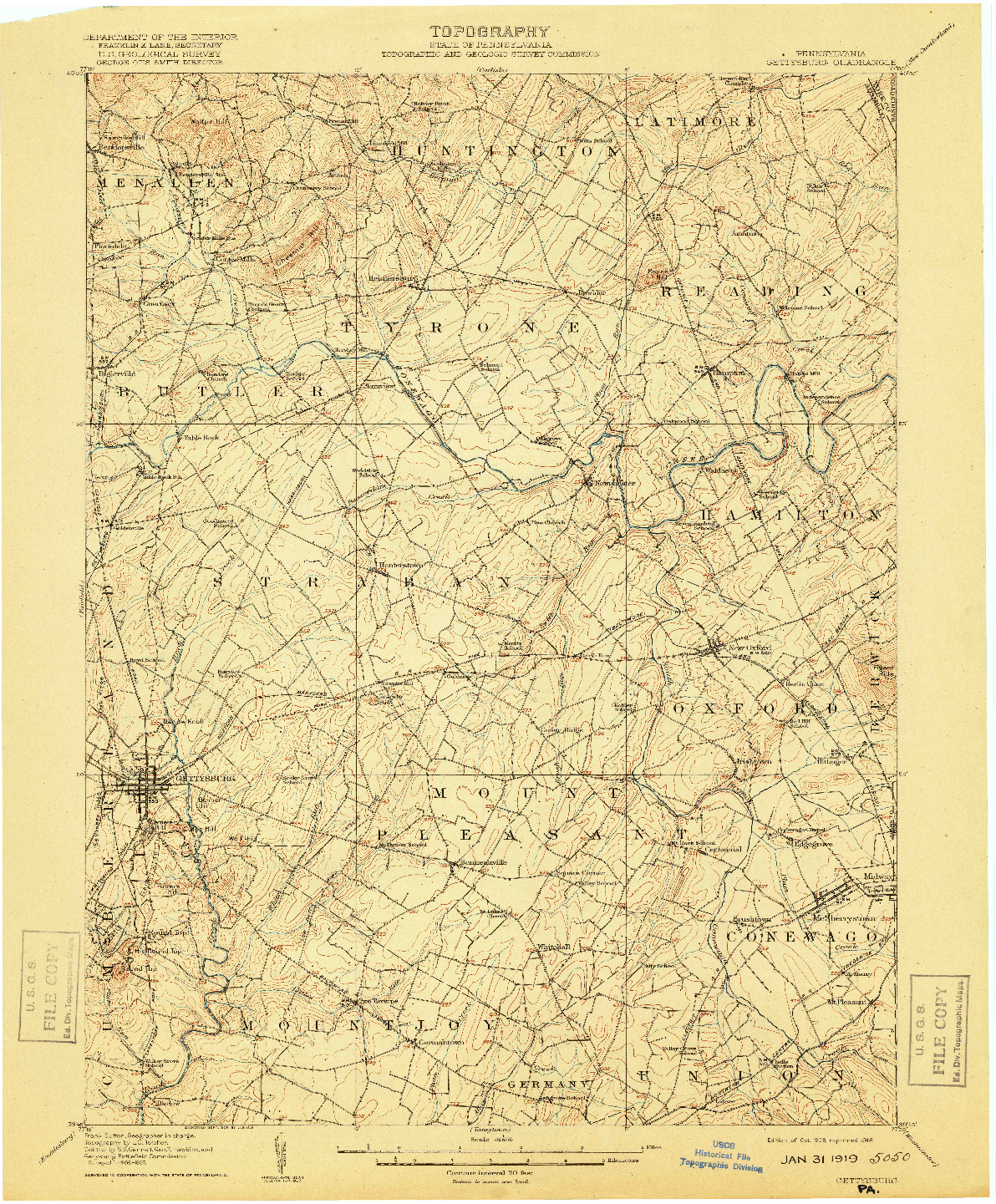 USGS 1:62500-SCALE QUADRANGLE FOR GETTYSBURG, PA 1908