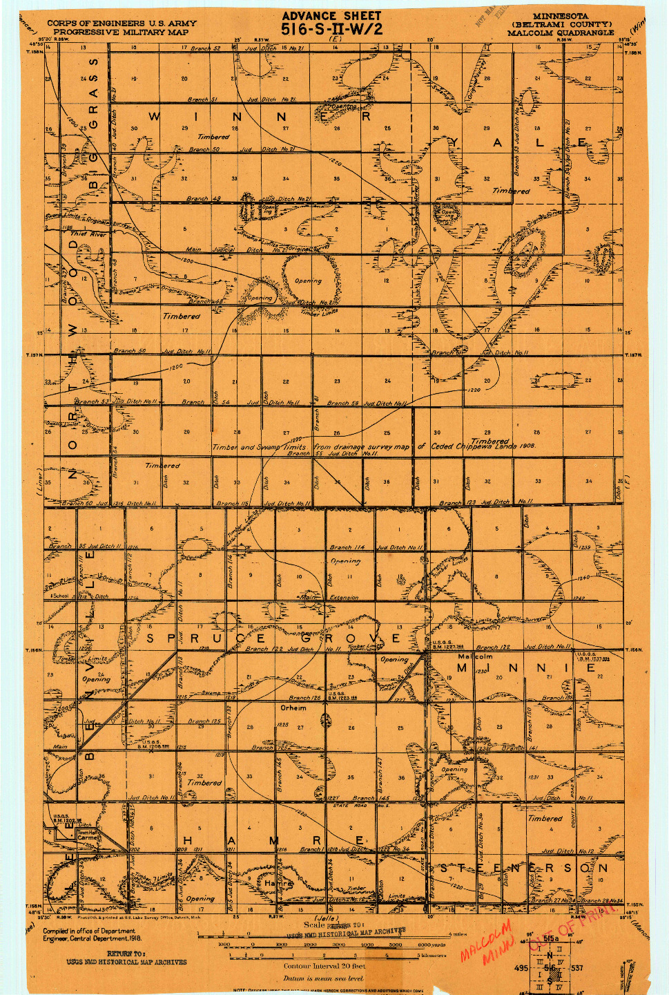 USGS 1:62500-SCALE QUADRANGLE FOR MALCOLM, MN 1918