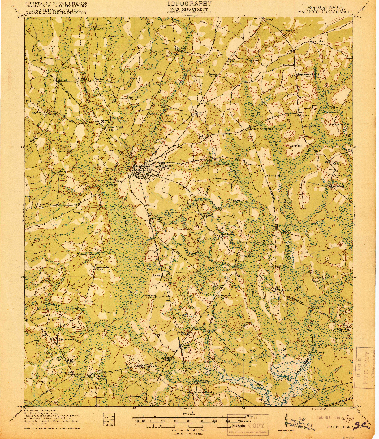 USGS 1:62500-SCALE QUADRANGLE FOR WALTERBORO, SC 1918