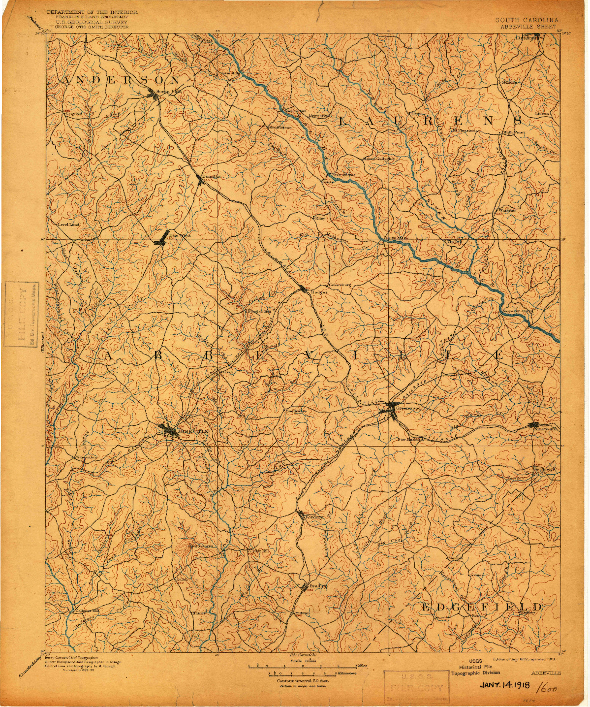 USGS 1:125000-SCALE QUADRANGLE FOR ABBEVILLE, SC 1892