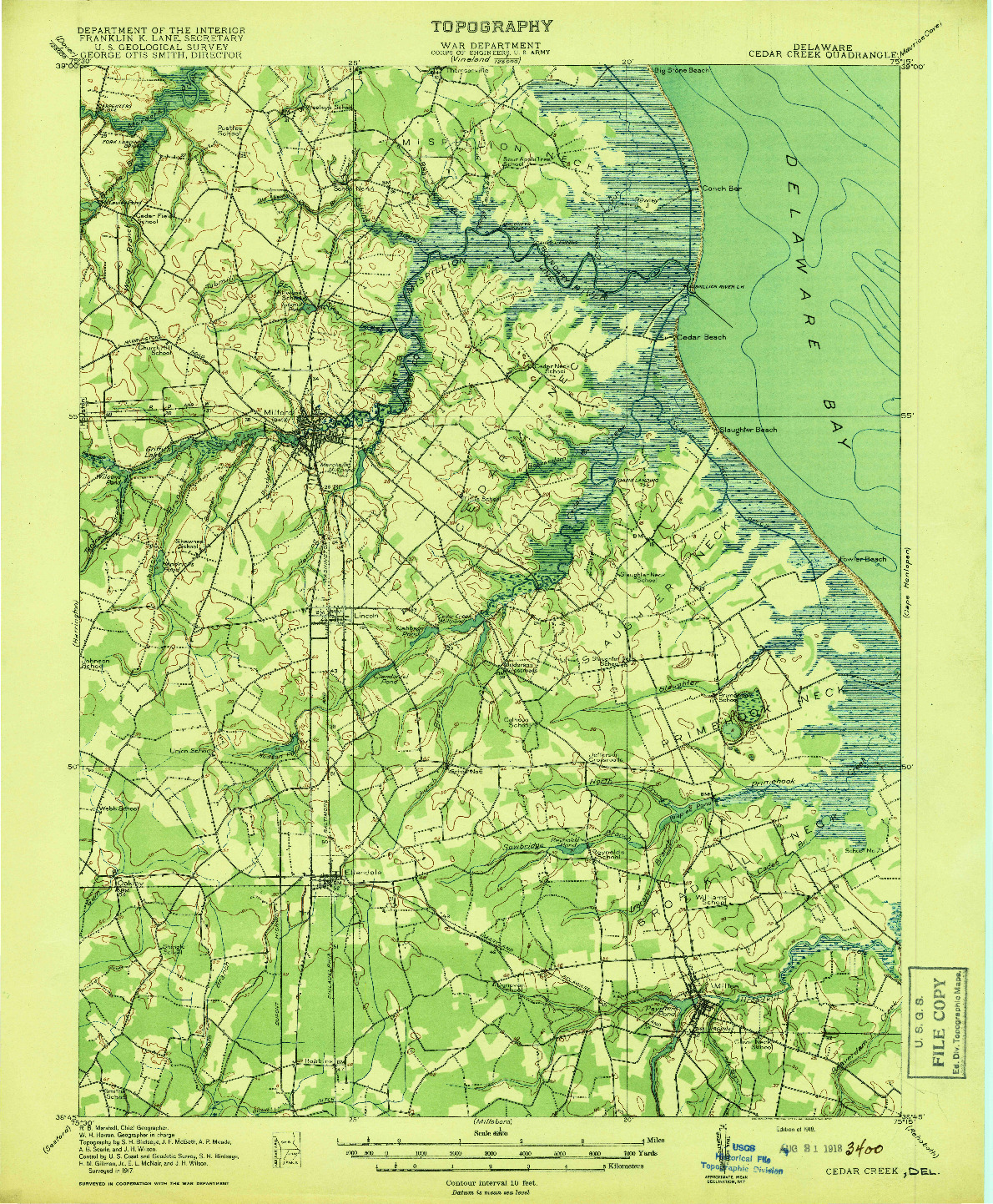 USGS 1:62500-SCALE QUADRANGLE FOR CEDAR CREEK, DE 1918