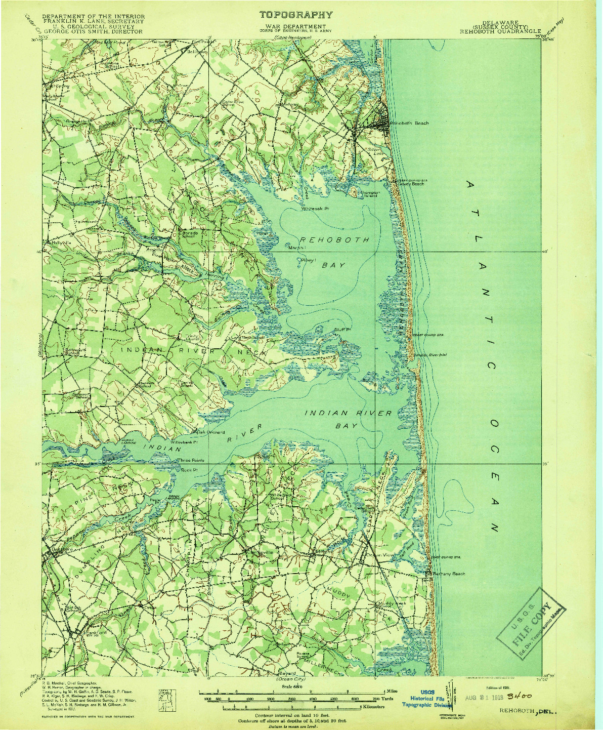 USGS 1:62500-SCALE QUADRANGLE FOR REHOBOTH, DE 1918