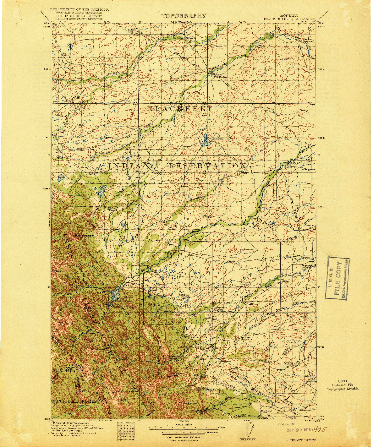 USGS 1:125000-SCALE QUADRANGLE FOR HEART BUTTE, MT 1918