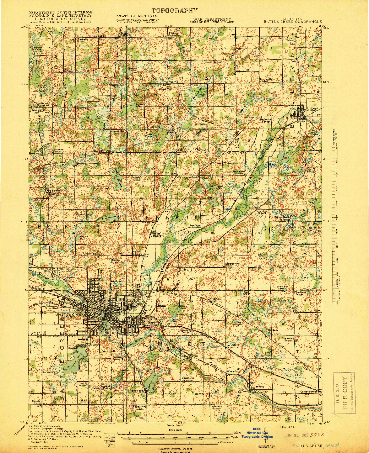 USGS 1:62500-SCALE QUADRANGLE FOR BATTLE CREEK, MI 1918