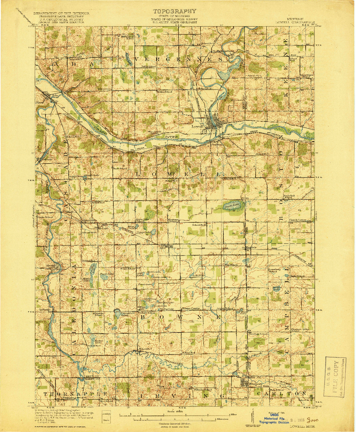 USGS 1:62500-SCALE QUADRANGLE FOR LOWELL, MI 1918