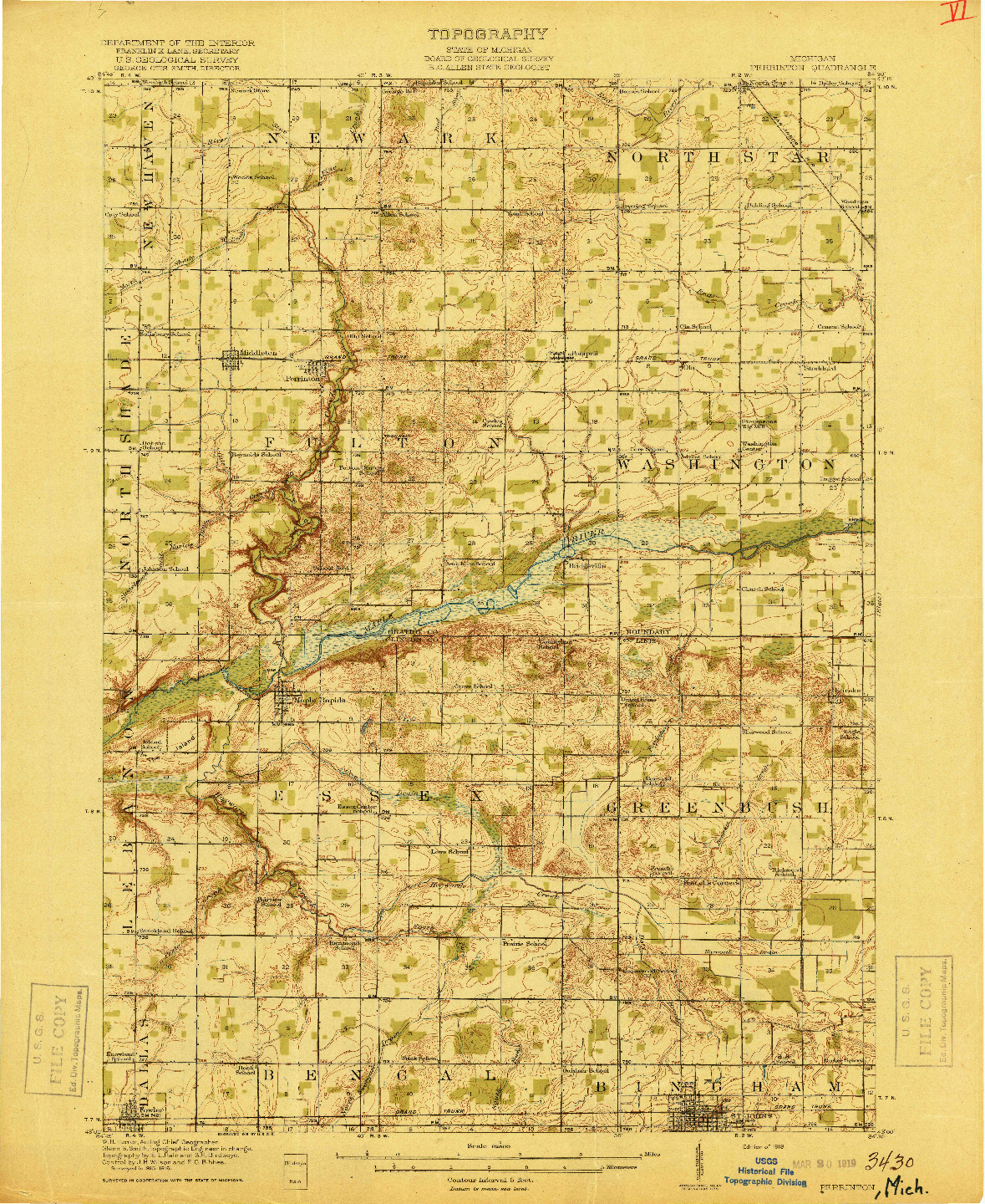 USGS 1:62500-SCALE QUADRANGLE FOR PERRINTON, MI 1918