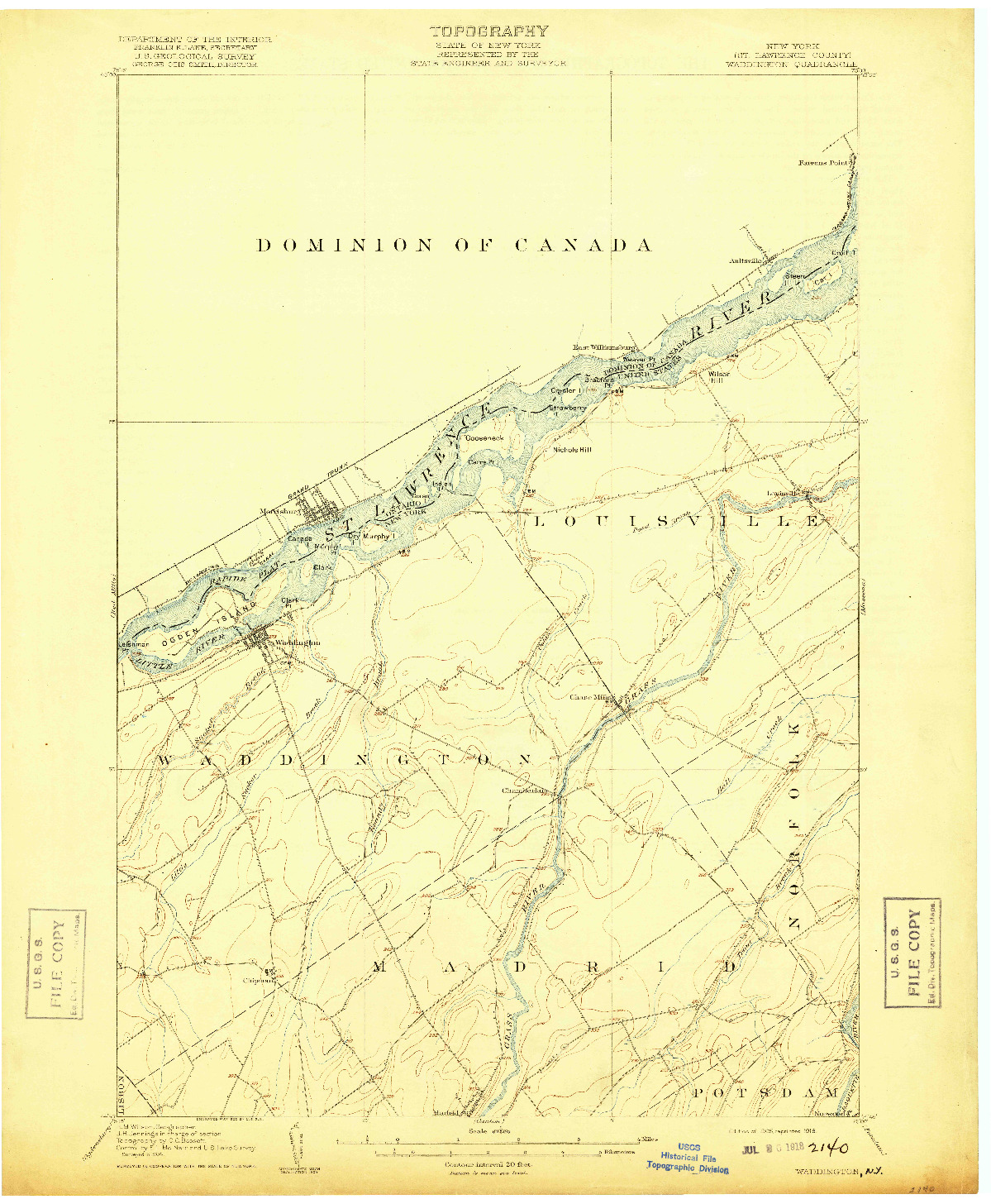 USGS 1:62500-SCALE QUADRANGLE FOR WADDINGTON, NY 1905