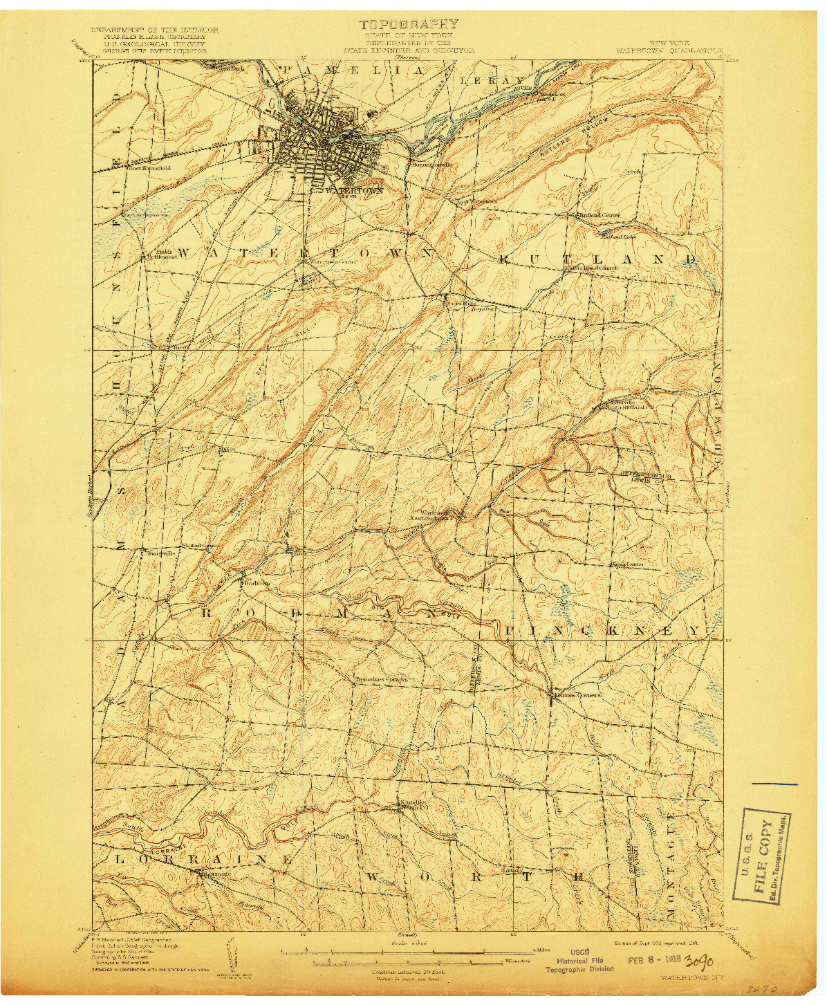 USGS 1:62500-SCALE QUADRANGLE FOR WATERTOWN, NY 1909