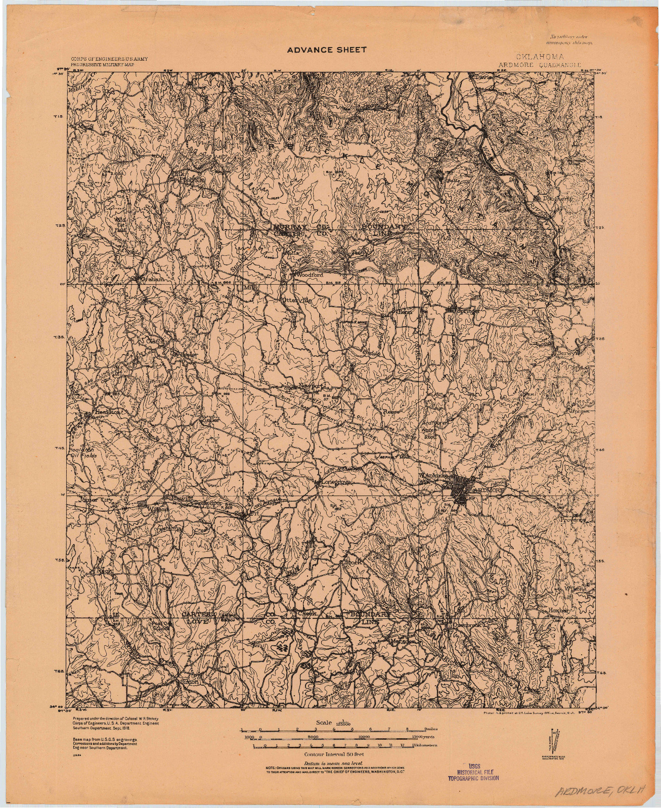 USGS 1:125000-SCALE QUADRANGLE FOR ARDMORE, OK 1918