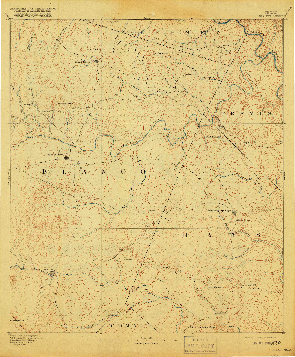 USGS 1:125000-SCALE QUADRANGLE FOR BLANCO, TX 1894