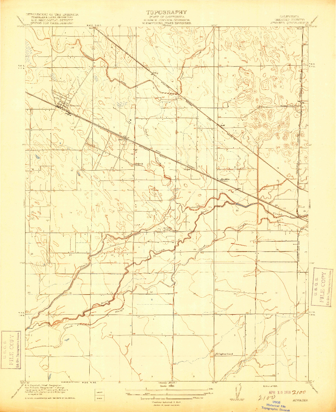 USGS 1:31680-SCALE QUADRANGLE FOR ATWATER, CA 1918