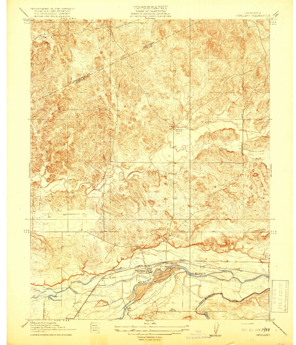 USGS 1:31680-SCALE QUADRANGLE FOR SNELLING, CA 1918