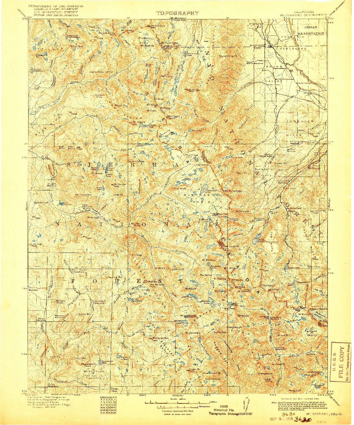 USGS 1:125000-SCALE QUADRANGLE FOR MT. GODDARD, CA 1912