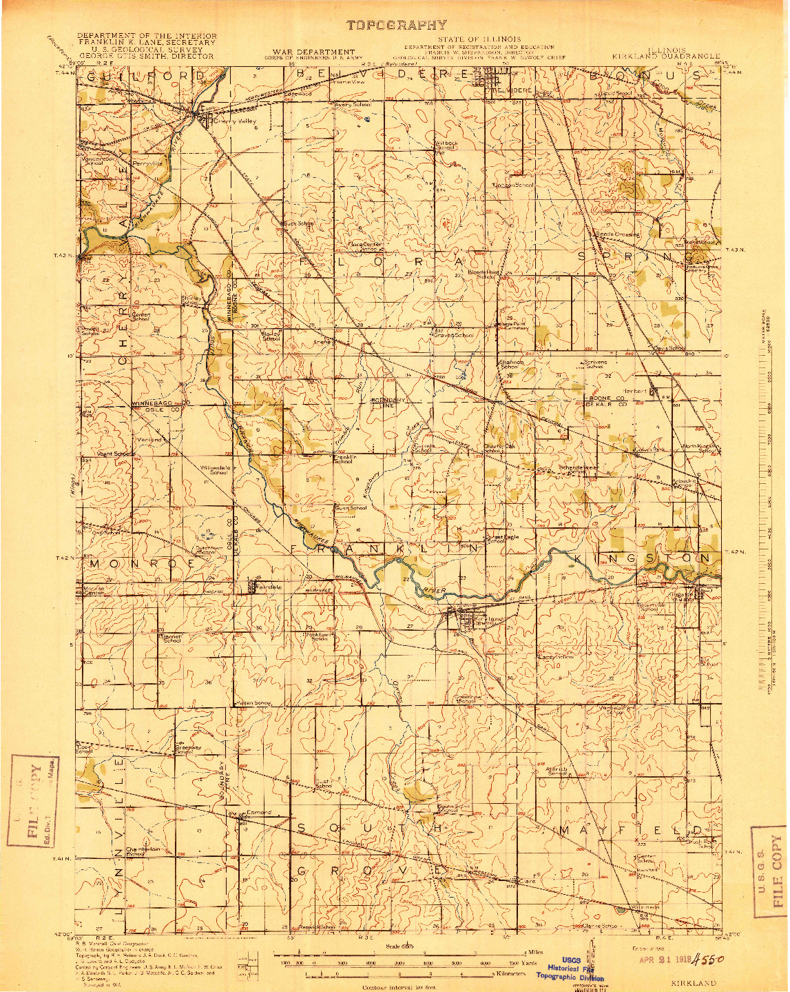 USGS 1:62500-SCALE QUADRANGLE FOR KIRKLAND, IL 1918