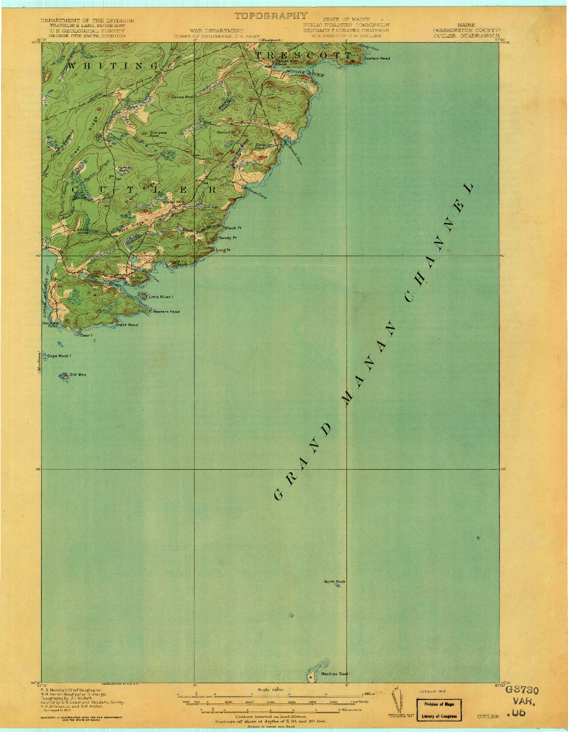 USGS 1:62500-SCALE QUADRANGLE FOR CUTLER, ME 1918