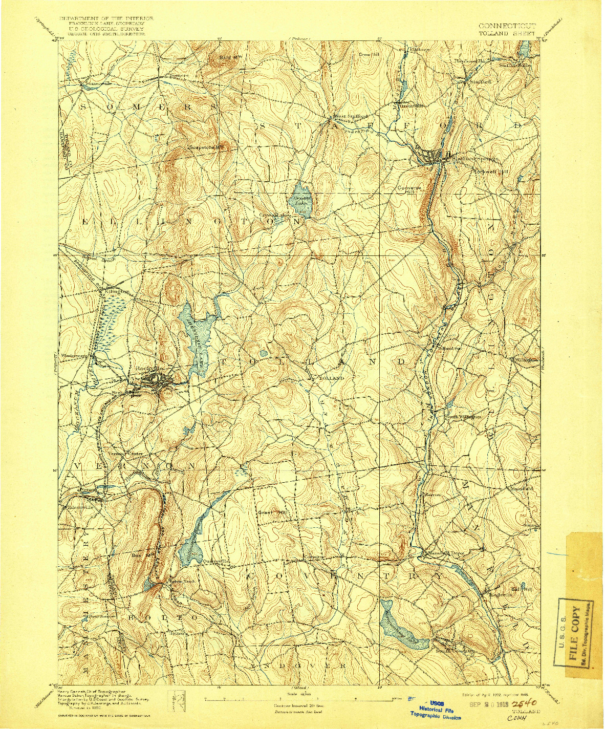 USGS 1:62500-SCALE QUADRANGLE FOR TOLLAND, CT 1892
