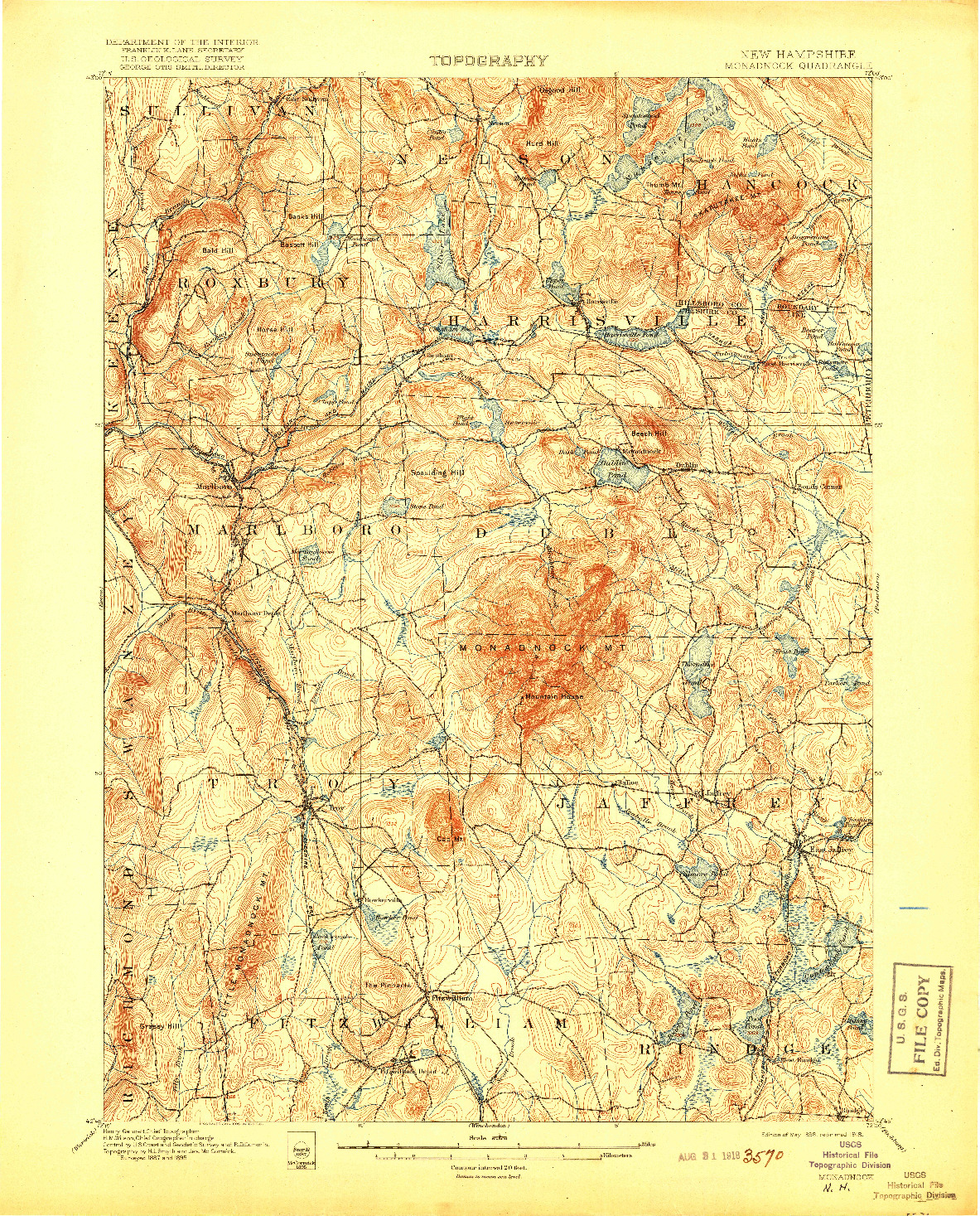 USGS 1:62500-SCALE QUADRANGLE FOR MONADNOCK, NH 1898