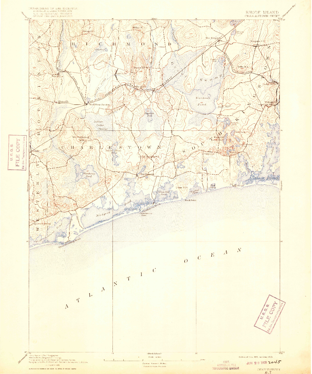 USGS 1:62500-SCALE QUADRANGLE FOR CHARLESTOWN, RI 1889