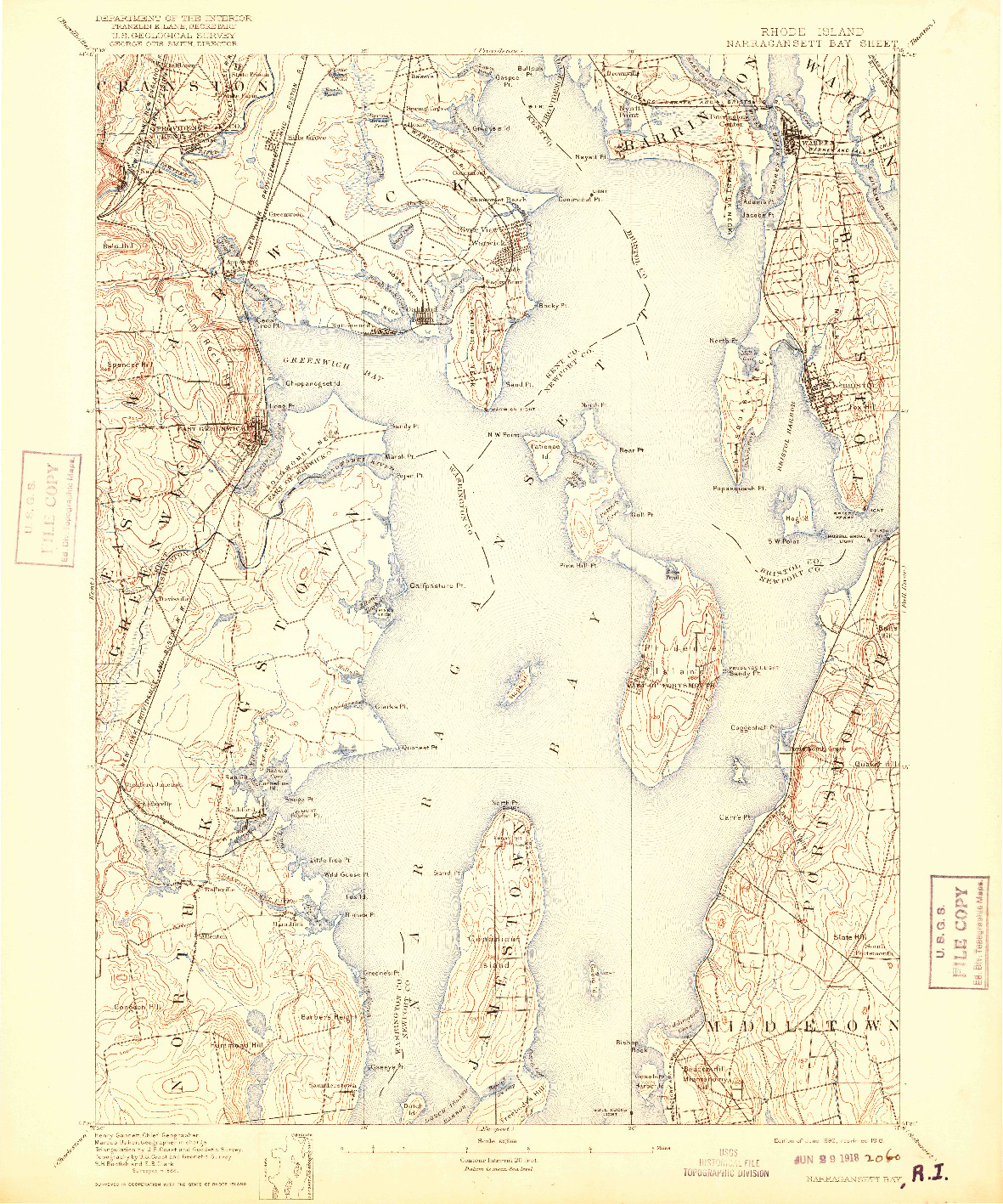 USGS 1:62500-SCALE QUADRANGLE FOR NARRAGANSETT BAY, RI 1892